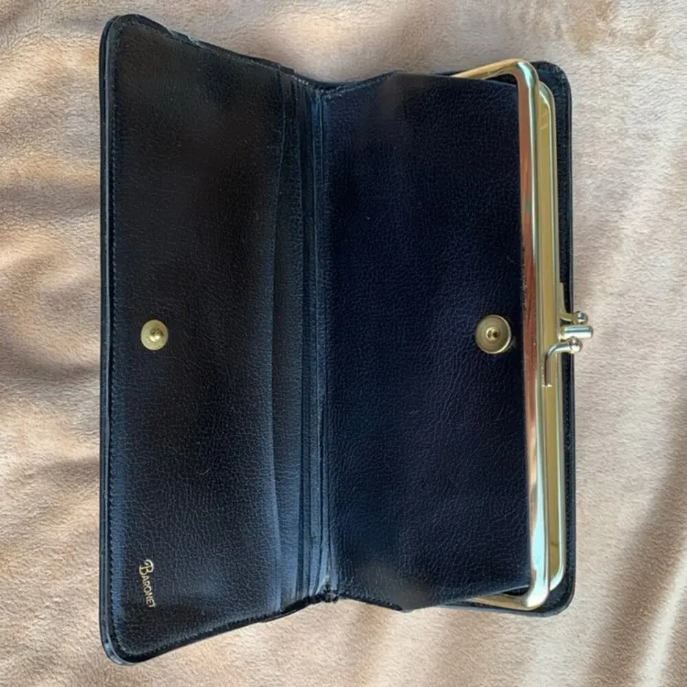 Vintage Baronet Wallet Kiss Clasp Metal Diamond Studs Navy Blue
